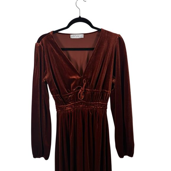 Petal + Pup Cece Rust Orange Velvet Long Sleeve Maxi Dress Boho Womens Small - Picture 3 of 8